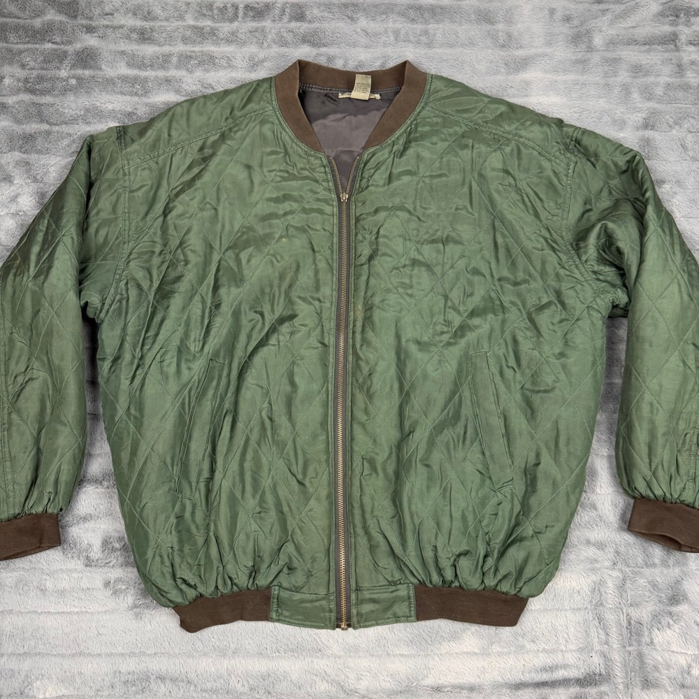 Robert Stock Mens Green Silk Quilted Bomber Jacket Full Zip Brown Trim Large